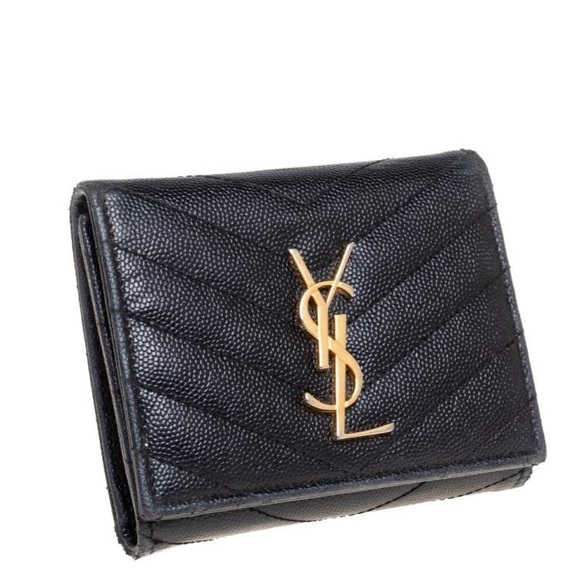 Pre-owned Saint Laurent Black Matelassé Leather Monogram Trifold Wallet - Picture 10 of 13